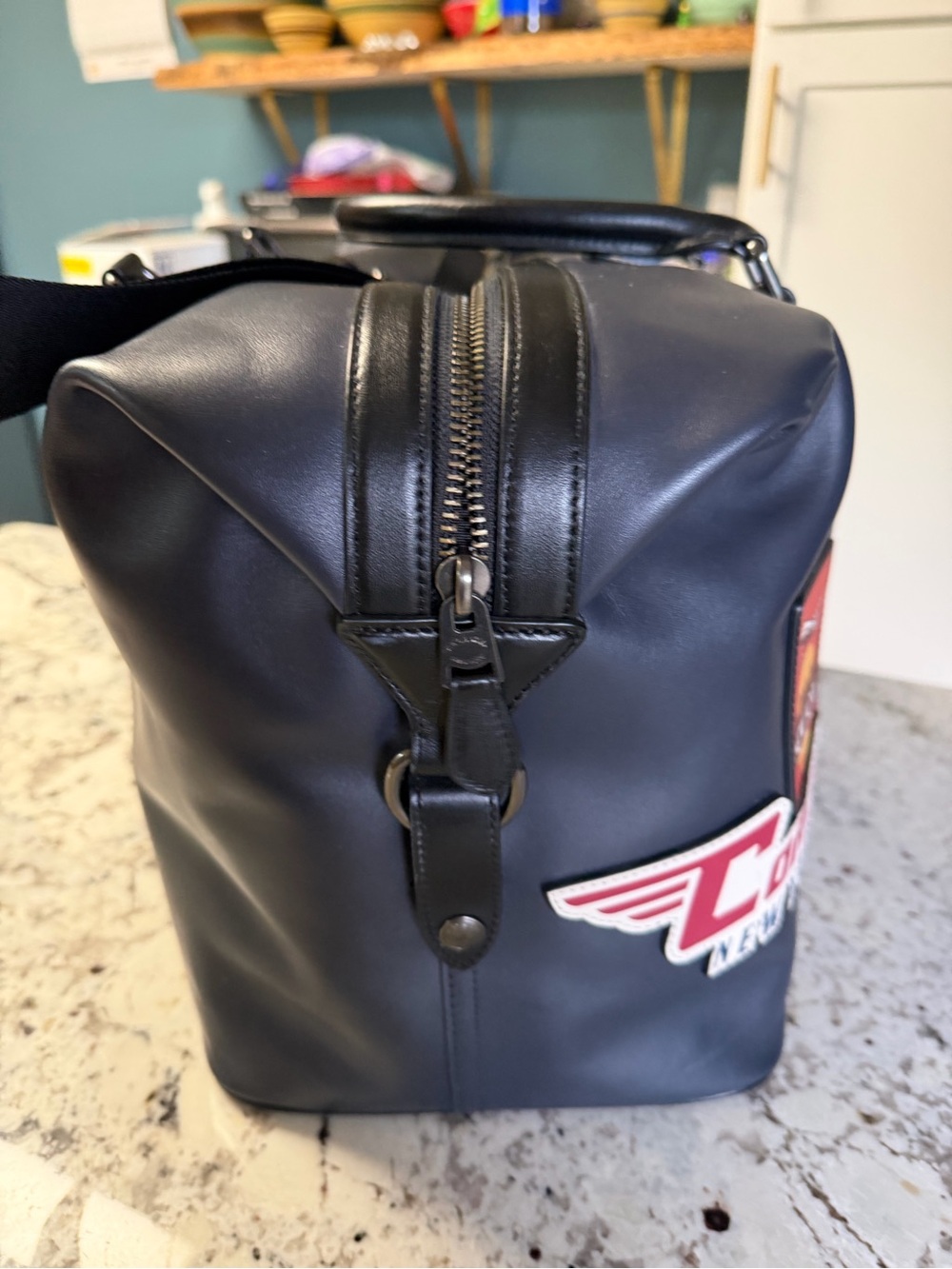 Coach Navy Leather Duffel with Colorful Travel Patch Accents - Picture 6 of 12